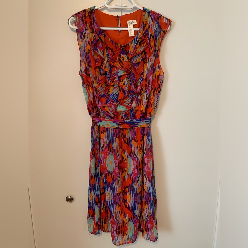Like New Emma & Michele Ruffle Waist Tie Colourful Midi Dress Size 10